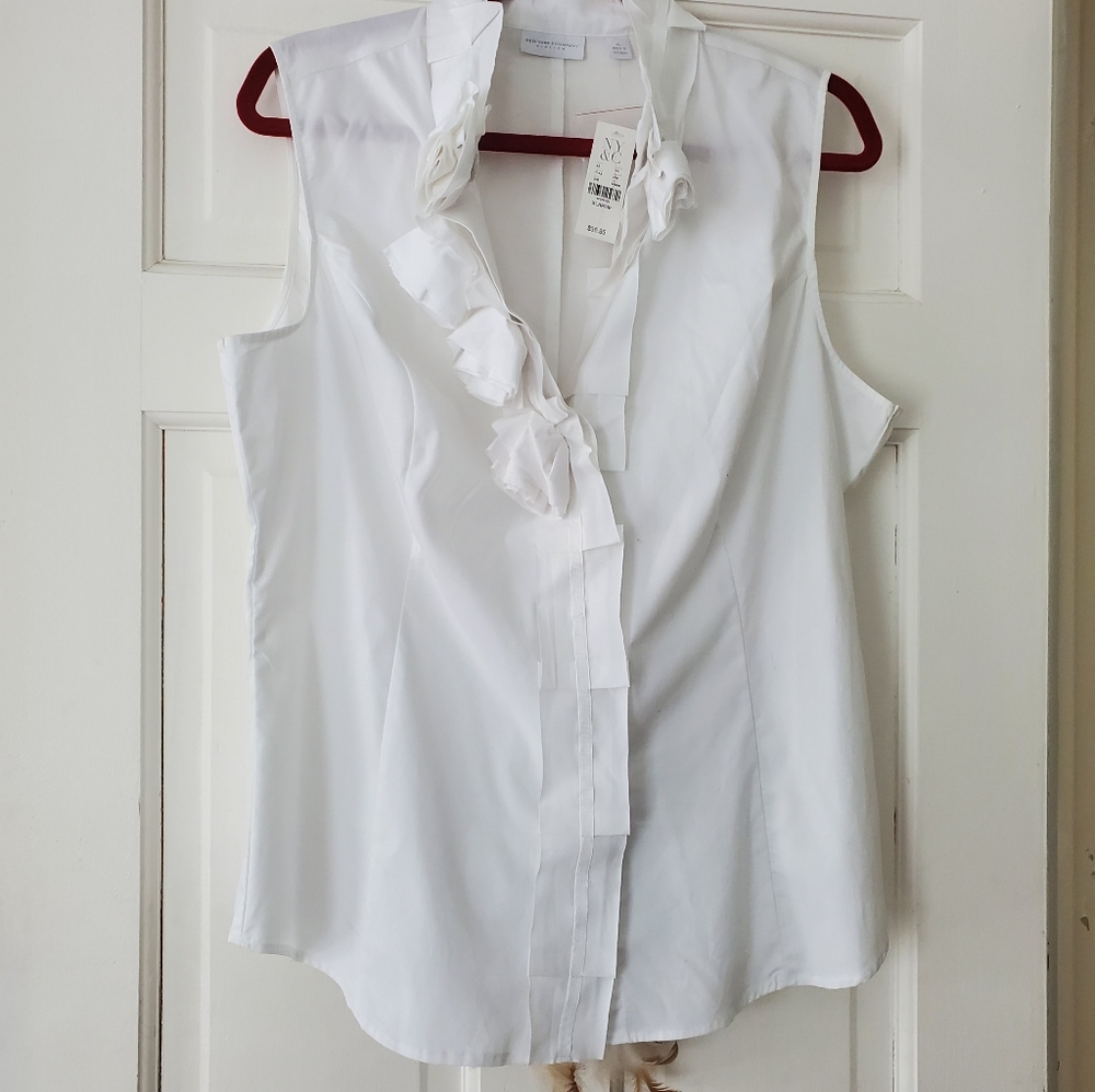 New York & Company White Sleeveless Ruffle Front Blouse